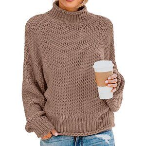 ZESICA Women's Turtleneck Knitted Pullover Sweater Khaki Small